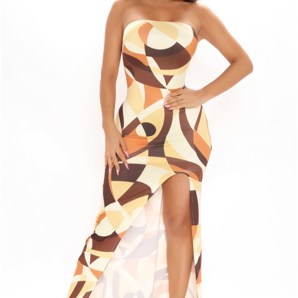Brown multi colored,geometric shaped design maxi long tube dress,Large